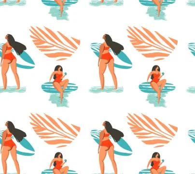 Hand drawn vector abstract summer time seamless pattern with surfers girl in Illustrazione stock