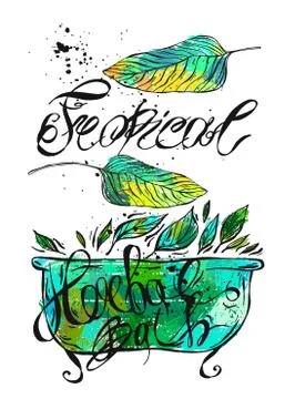 Hand drawn vector abstract template card with tropical herbal bath and tropical Stock Illustration