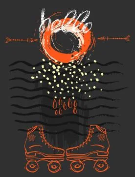 Hand drawn vector abstract template card with retro roller skates,waves strokes Stock Illustration
