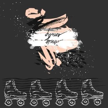 Hand drawn vector abstract template card with retro roller skates and painting 스톡 일러스트