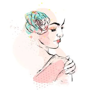 Hand drawn vector abstract textured collage illustration with female bridal Stock Illustration