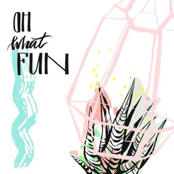 Hand drawn vector abstract textured card with cacti plant,terrarium and Stock Illustration