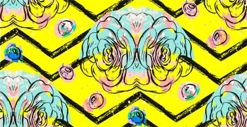 Hand drawn vector abstract textured collage seamless pattern with succulent Illustrazione stock