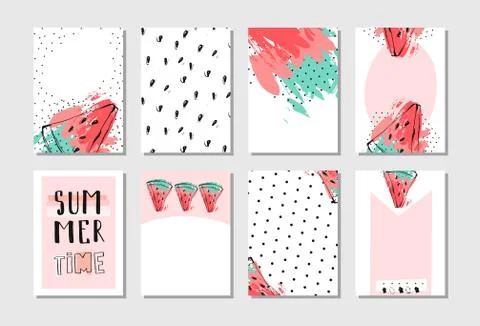 Hand drawn vector abstract textured funny summer time cards set template with Illustrazione stock