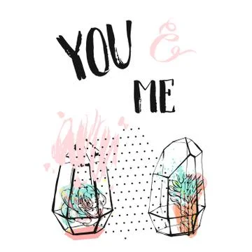 Hand drawn vector abstract textured collage with succulent plants in terrarium Illustrazione stock