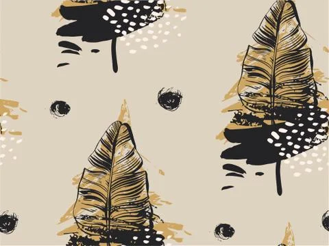 Hand drawn vector abstract textured seamless pattern of golden palm leaves Stock Illustration