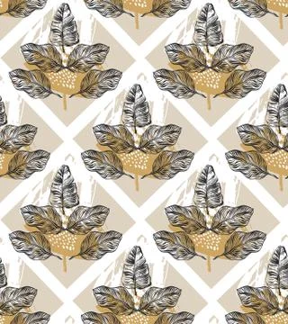 Hand drawn vector abstract textured seamless pattern of golden palm leaves Illustrazione stock