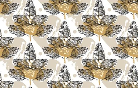 Hand drawn vector abstract textured seamless pattern of golden palm leaves Stock Illustration