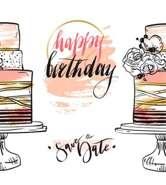 Hand drawn vector abstract textured Happy birthday save the date card template 스톡 일러스트