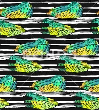 Hand drawn vector abstract textured pattern with tropical exotic green palm leaf Stock Illustration