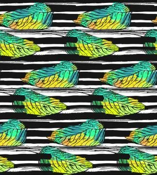 Hand drawn vector abstract textured pattern with tropical exotic green palm leaf Stock Illustration