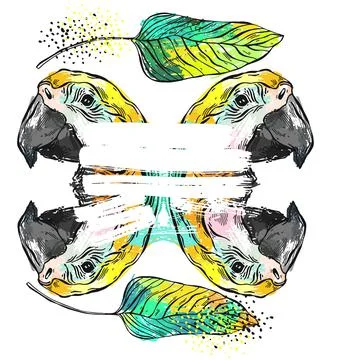Hand drawn vector abstract textured greeting tropical card with parrot mirror Stock Illustration