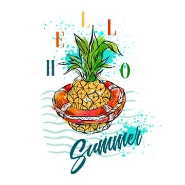 Hand drawn vector abstract tropical illustration with pineapple in red lifebuoy Stockillustratie