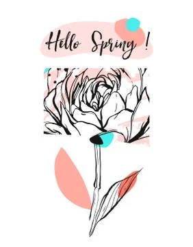 Hand drawn vector abstract universal creative Hello Spring greeting card with イラスト素材