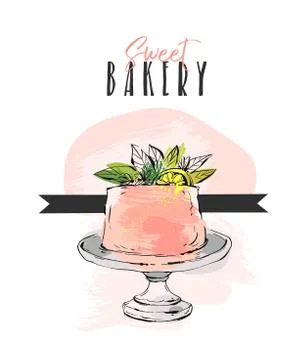 Hand drawn vector abstract unusual Sweet bakery card template with cake stand Illustrazione stock