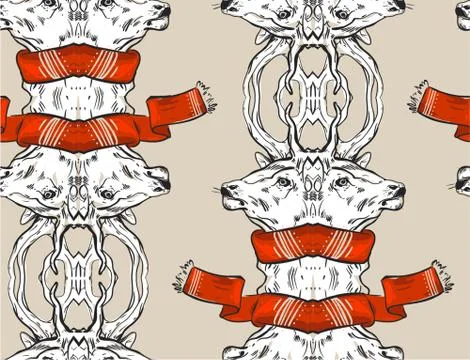 Hand drawn vector abstract vintage mirror Christmas seamless pattern with Stock Illustration
