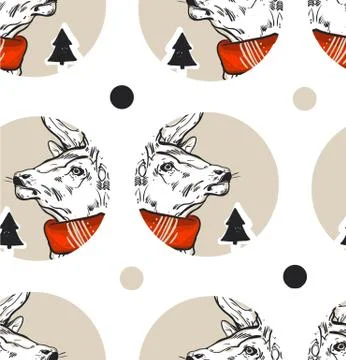 Hand drawn vector abstract vintage Christmas seamless pattern with graphic Stock Illustration