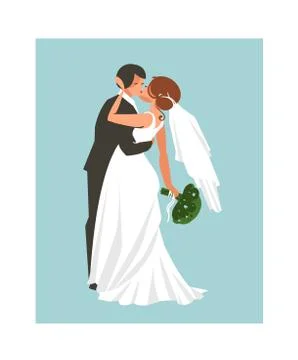 Hand drawn vector abstract wedding hugging and kissing couple illustration Stock Illustration