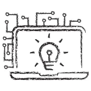 Hand-drawn vector AI laptop icon with lightbulb and circuits イラスト素材
