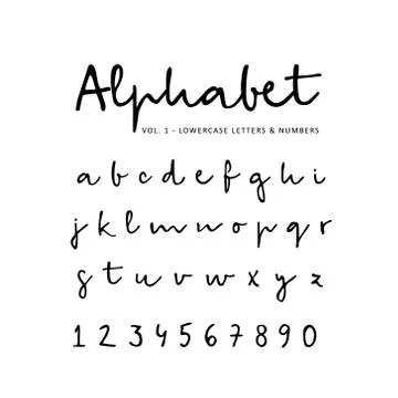 Hand drawn vector alphabet, font, isolated lower case letters and numbers 库存插图