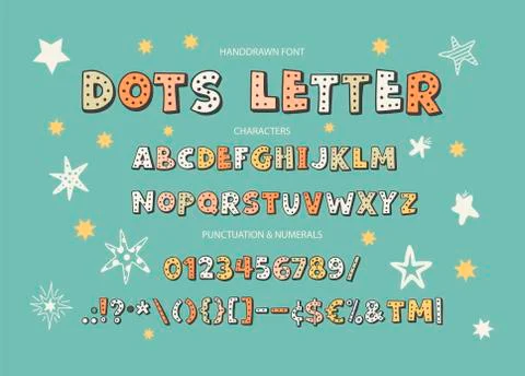 Hand drawn vector alphabet with letters, numbers, symbols. Stock Illustration