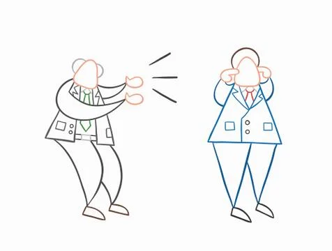 Hand-drawn vector angry boss yelling at businessman worker and he is closing  Stock Illustration