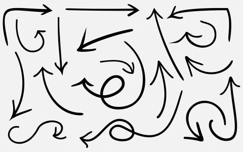 Hand drawn vector arrows collection. Set of simple lines doodle black arrow.. Illustrazione stock