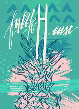 Hand drawn vector artistic abstract textured card template with pineapple and Stockillustratie