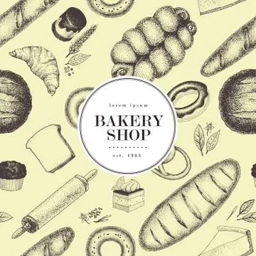 Hand drawn vector bakery banner template. Seamless pattern. Can be use for Stock Illustration