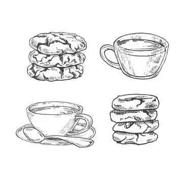 Hand drawn vector biscuits, cookies and cups 스톡 일러스트
