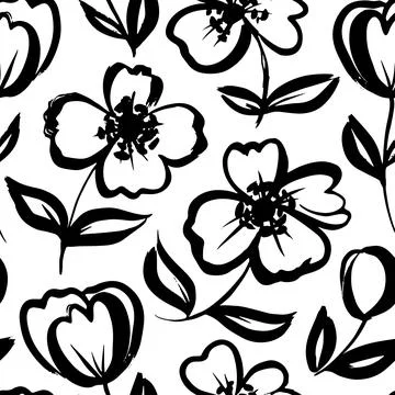Hand drawn vector black flowers seamless pattern. Stock Illustration