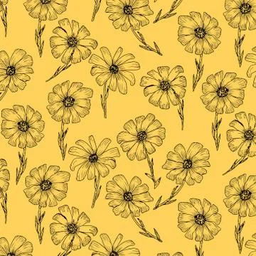 Hand drawn vector black outline flowers against yellow background. Botanical Illustrazione stock