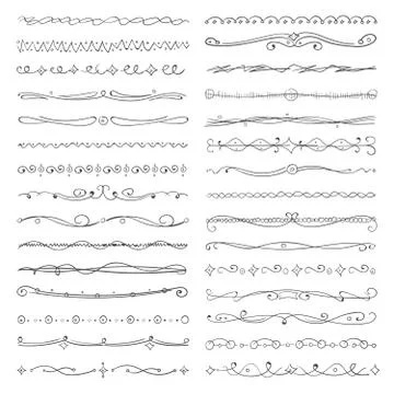Hand drawn vector borders, dividers, sketch line frame set Stock Illustration