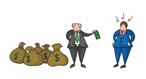 Hand-drawn vector boss has a lot of money with sacks and pays one money to hi Stock Illustration