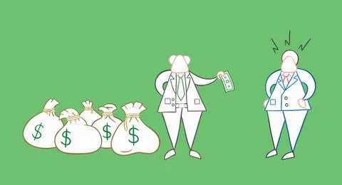 Hand-drawn vector boss has a lot of money with sacks and pays one money to hi Stock Illustration