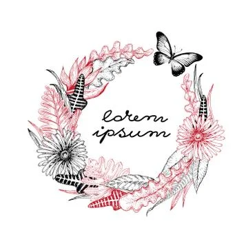 Hand drawn vector botany illustration. Vintage background. froral wreath with Stock Illustration