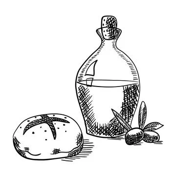 Hand drawn vector bottle of olive oil and a baked bread Stock Illustration