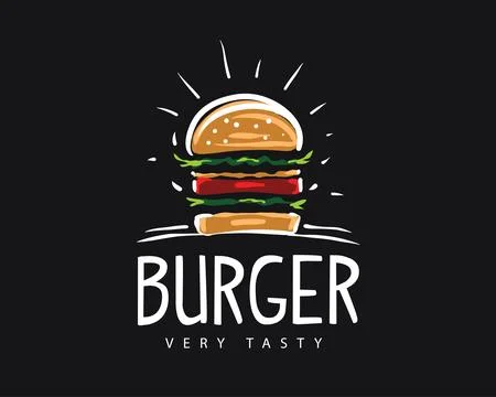 Hand drawn vector burger logo on black background Stock Illustration