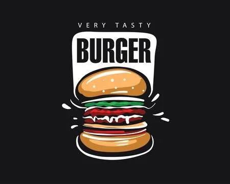 Hand drawn vector burger logo on black background Stock Illustration