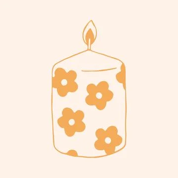 Hand drawn vector burning pillar candle with trendy floral daisy pattern 库存插图