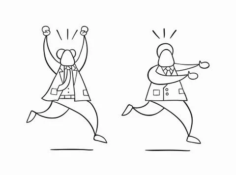 Hand-drawn vector businessman worker runs away from angry boss Stock Illustration