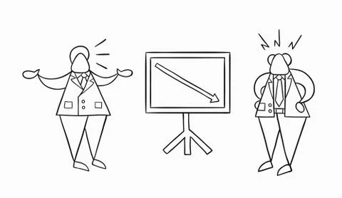 Hand-drawn vector businessman worker showing sales chart arrow moving down an Stock Illustration