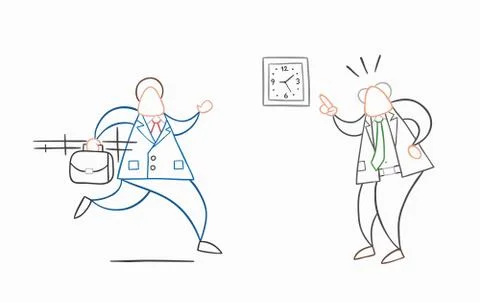 Hand-drawn vector businessman worker late for work and angry boss shows him w Stock-Illustration
