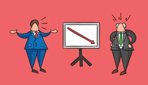 Hand-drawn vector businessman worker showing sales chart arrow moving down an Illustrazione stock