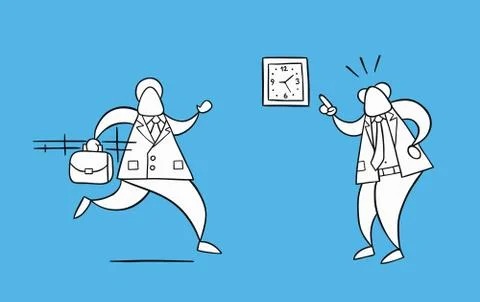 Hand-drawn vector businessman worker late for work and angry boss shows him w Stock Illustration