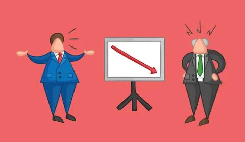Hand-drawn vector businessman worker showing sales chart arrow moving down an Illustrazione stock