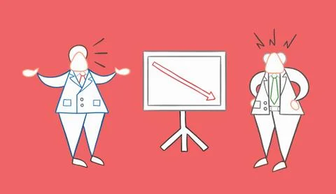 Hand-drawn vector businessman worker showing sales chart arrow moving down an Stock Illustration