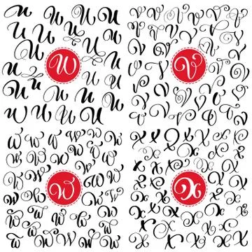 Hand drawn vector calligraphy letter U, V, W, X. Script font. Isolated letters Stock Illustration