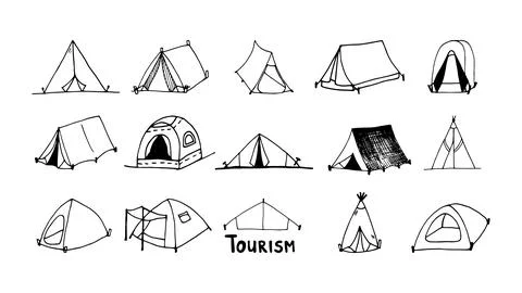 Hand drawn vector camp tent clipart set Stock Illustration