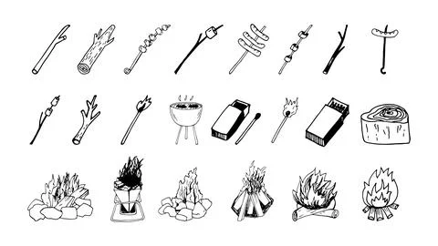 Hand drawn vector campfire and grill clipart set Stock Illustration